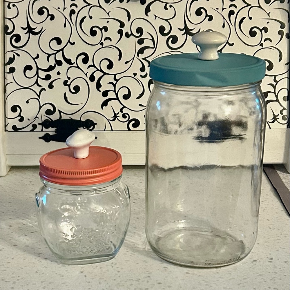 Set of Two Glass Jars with Colorful Lids